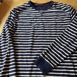 BODEN Men's Size Small Navy Striped Cotton Long Sleeved Crewneck Top Shirt